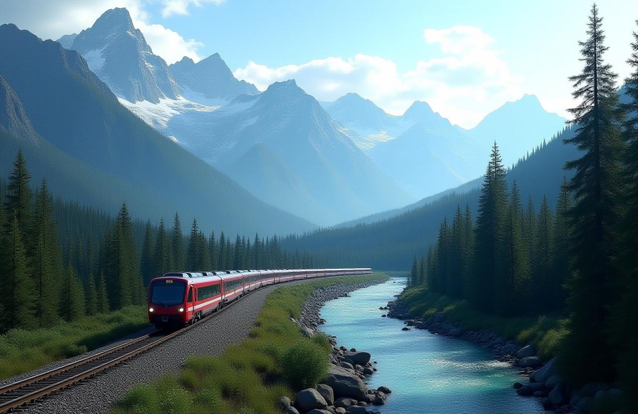 Train journey through Canadian Rockies panoramic vista