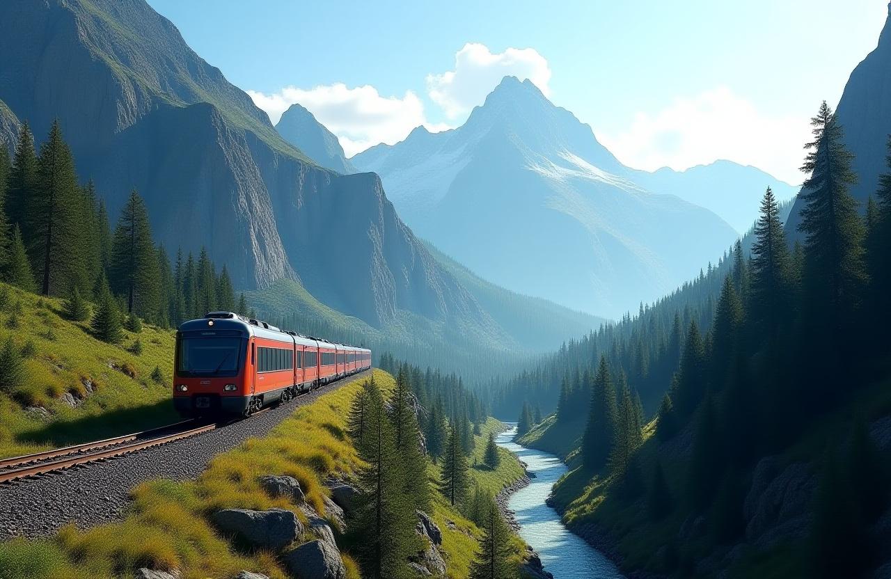 Scenic train journey through mountain wilderness